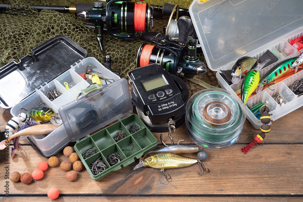 Fishing items in a tabletop arrangement