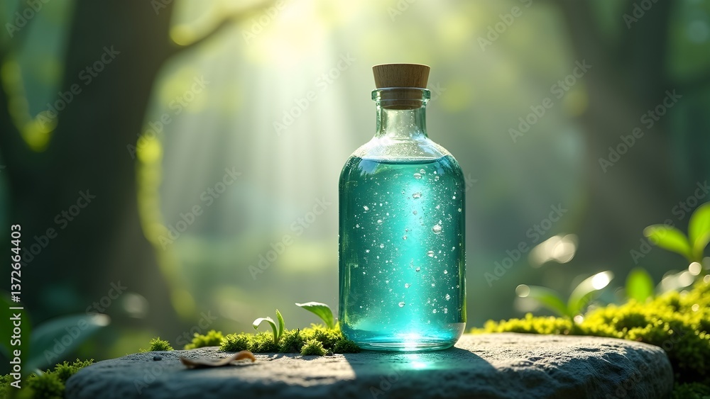 Mystical Glowing Elixir Bottle in a Forest Setting, Nature's Magic Mystical Glowing Elixir Bottle in a Forest Setting, Nature's Magic
