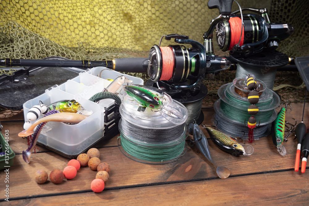 Fishing items in a tabletop arrangement