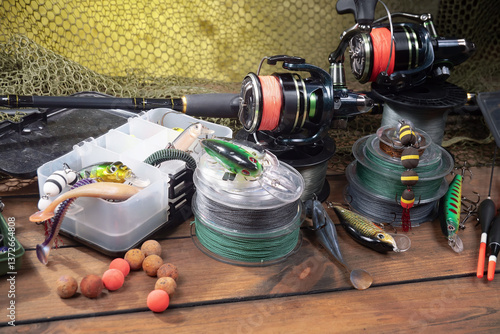 Obraz na płótnie Fishing items in a tabletop arrangement w salonie