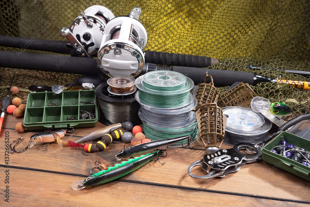 Fishing items in a tabletop arrangement
