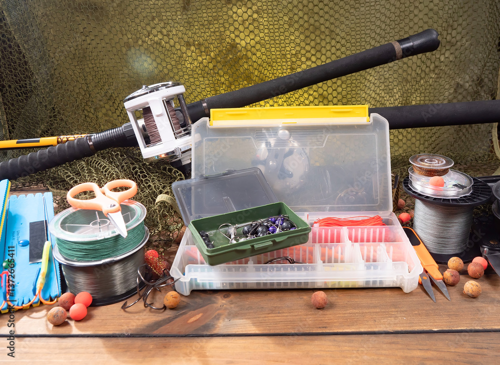 Fishing items in a tabletop arrangement