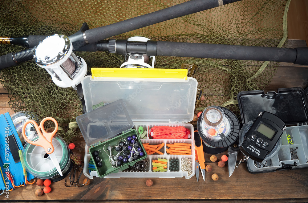 Fishing items in a tabletop arrangement