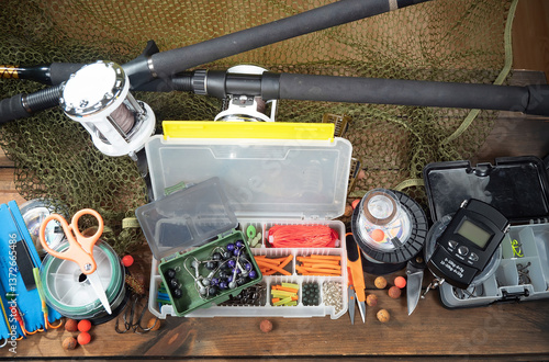 Obraz na płótnie Fishing items in a tabletop arrangement w salonie