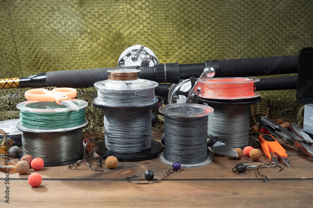 Fishing items in a tabletop arrangement