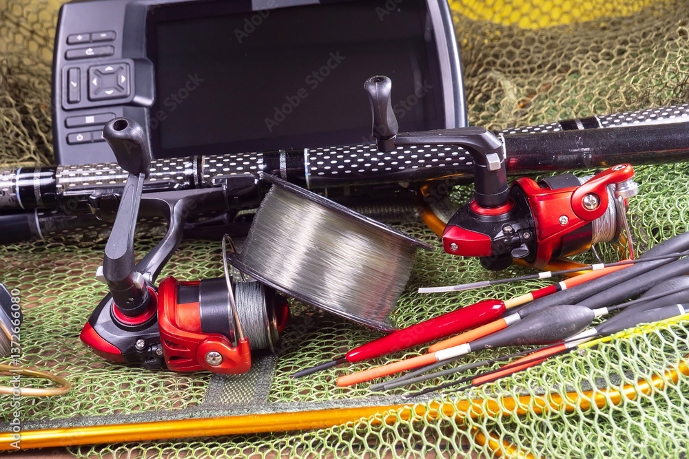 Fishing items in a tabletop arrangement