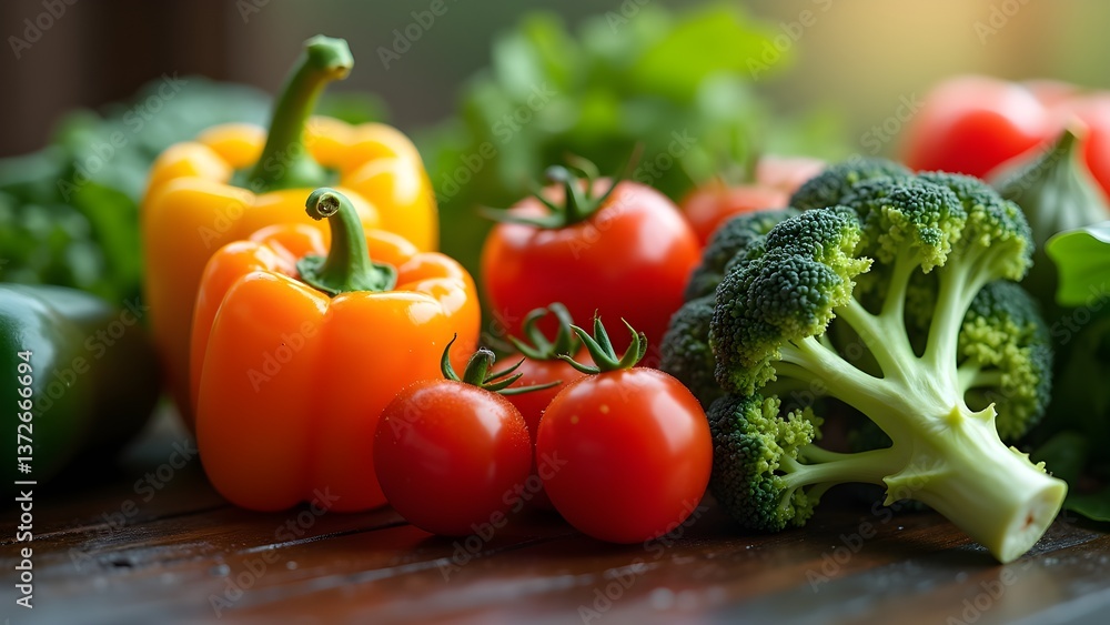 Fresh Vegetables: Broccoli, Tomatoes, and Bell Peppers on a Wooden Table, Healthy Food Fresh Vegetables: Broccoli, Tomatoes, and Bell Peppers on a Wooden Table, Healthy Food