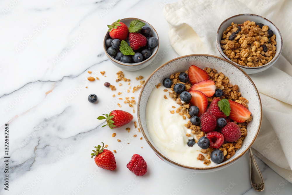 Tasty granola, yogurt and fresh berries in bowl on white marble table, top view with space for text. Healthy breakfast - generated by ai Tasty granola, yogurt and fresh berries in bowl on white marble table, top view with space for text. Healthy breakfast - generated by ai