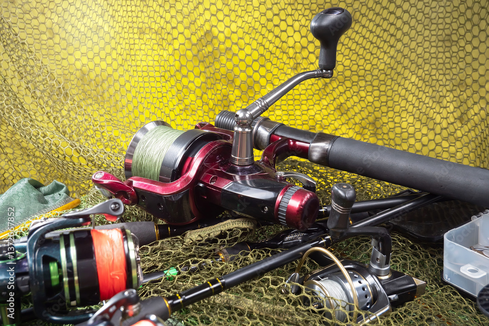 Fishing items in a tabletop arrangement