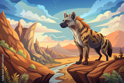 A majestic Hyena standing proudly on a rocky cliff, gazing over the rugged landscape