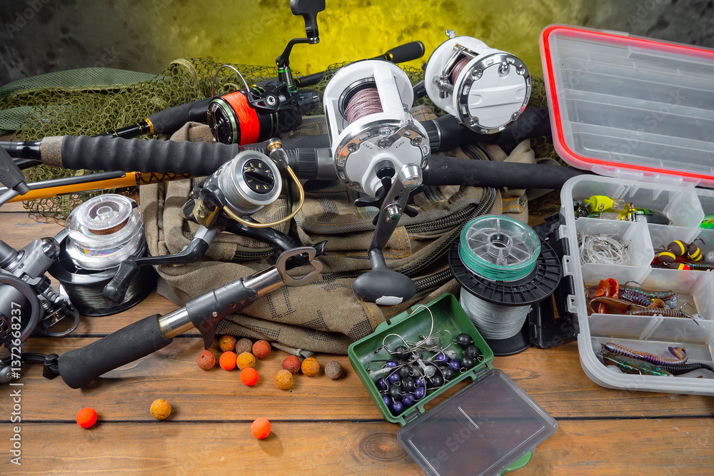 Fishing items in a tabletop arrangement