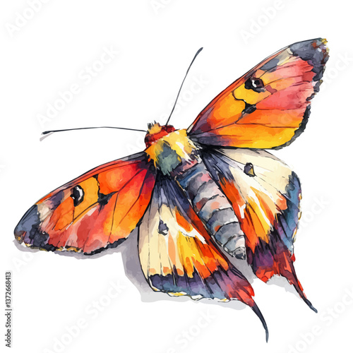 A watercolor vector of a moth, isolated on a white background. Moth vector.

