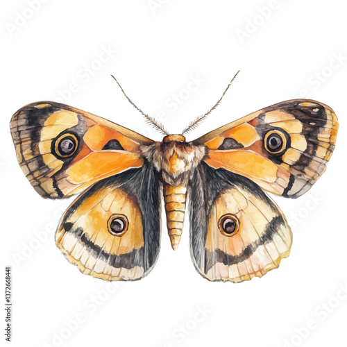 A watercolor vector of a moth, isolated on a white background. Moth vector.

