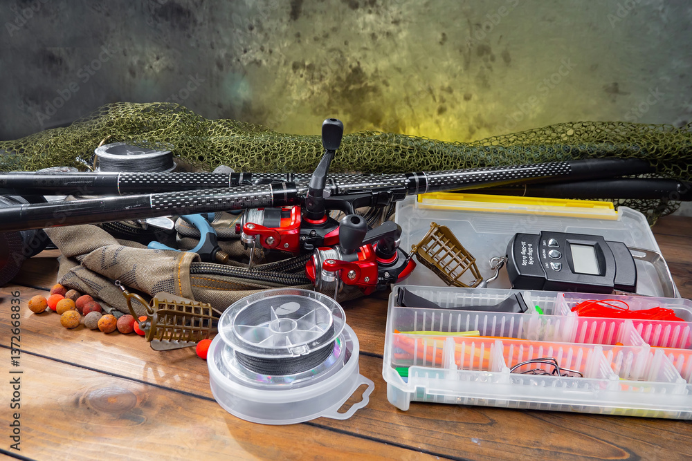 Fishing items in a tabletop arrangement