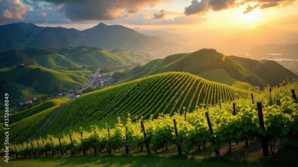 Naklejka premium A detailed dawn photo of Lavaux Vineyards in Switzerland with cloudy skies. Shot from an ordinary perspective, capturing the rolling hills of vineyards under soft, diffused light.