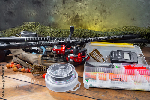 Obraz na płótnie Fishing items in a tabletop arrangement w salonie