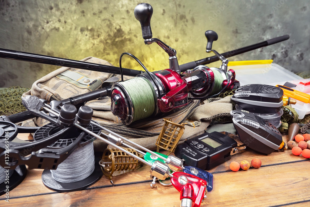 Fishing items in a tabletop arrangement