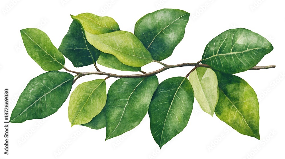 Fototapeta premium Watercolor Branch with Green Leaves, Natural Botanical Illustration
