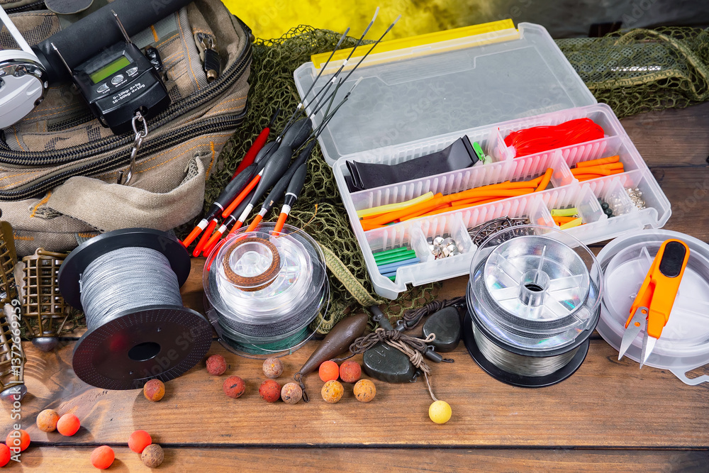 Fishing items in a tabletop arrangement
