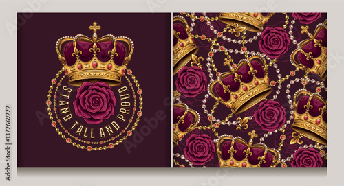 Circular label, seamless pattern with golden imperial crown, scattered jewelry, pearl necklaces, red roses. Luxury kitsch vintage style.