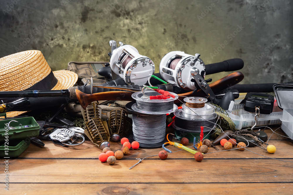 Fishing items in a tabletop arrangement