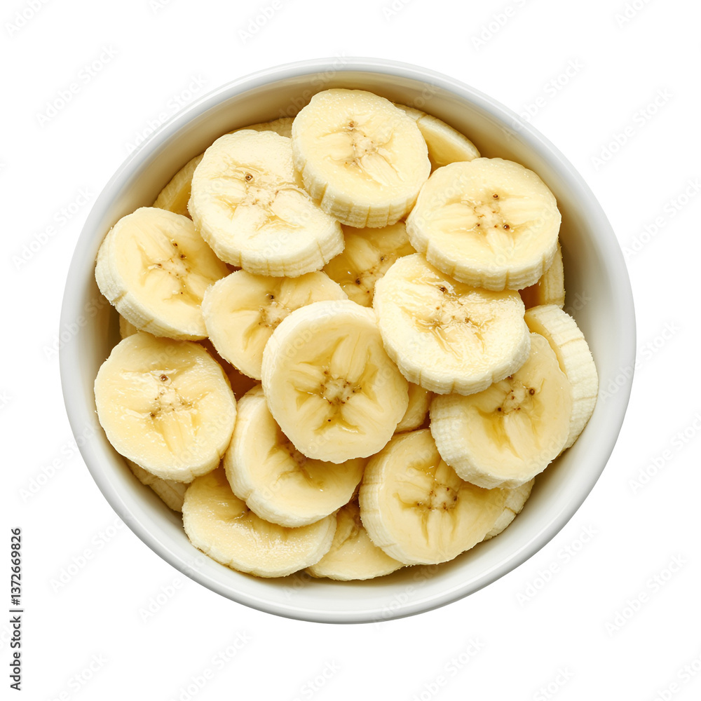 Bowl of Banana Slices Arranged Neatly on Isolated White Background Bowl of Banana Slices Arranged Neatly on Isolated White Background