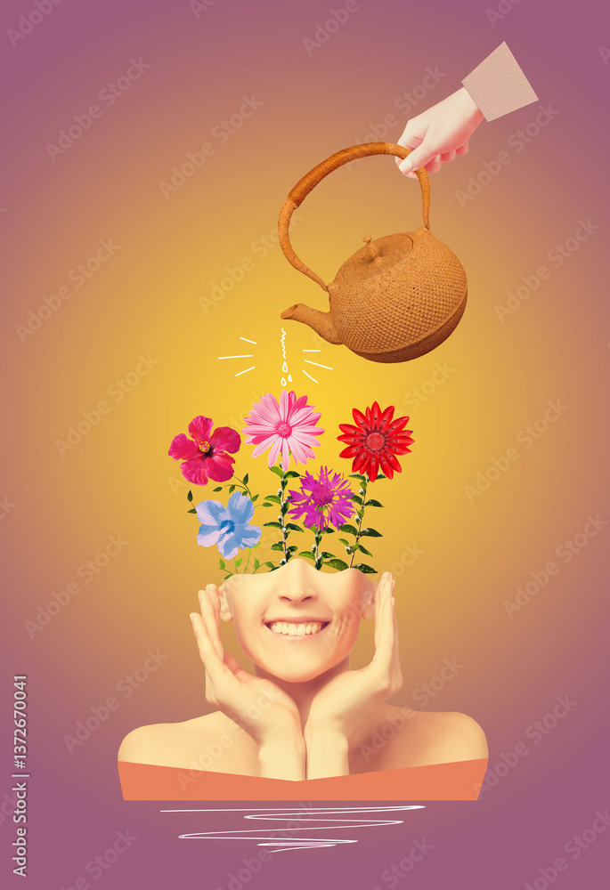 Mental health awareness concept. Happy female head with flowers inside. Mindfulness, positive thinking, self care idea.
