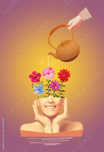 Mental health awareness concept. Happy female head with flowers inside. Mindfulness, positive thinking, self care idea.