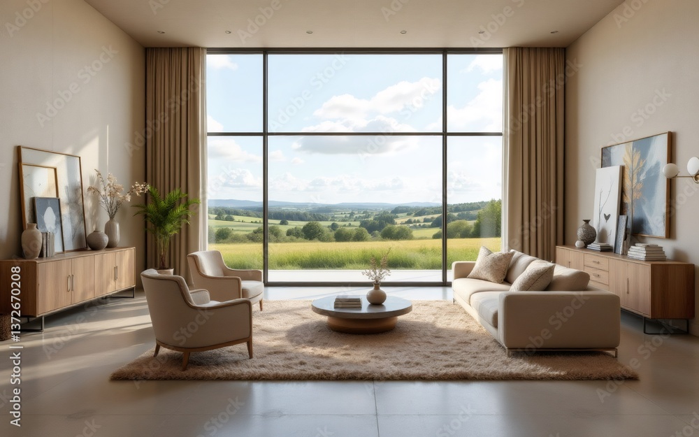Bright and spacious living room featuring panoramic views of a lush landscape Bright and spacious living room featuring panoramic views of a lush landscape