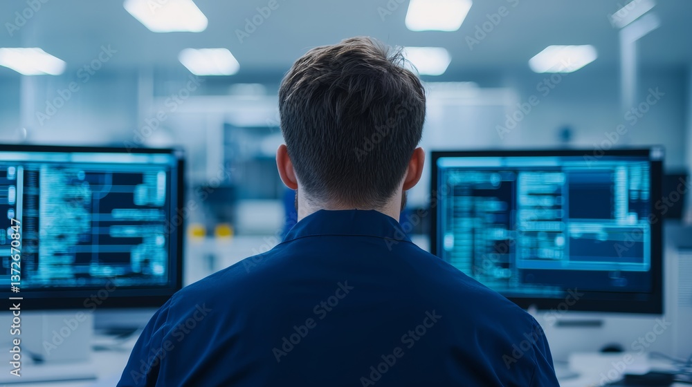 Analyzing data in a high-tech lab environment programmer engaged with dual monitors modern workspace focused perspective technology insights Analyzing data in a high-tech lab environment programmer engaged with dual monitors modern workspace focused perspective technology insights