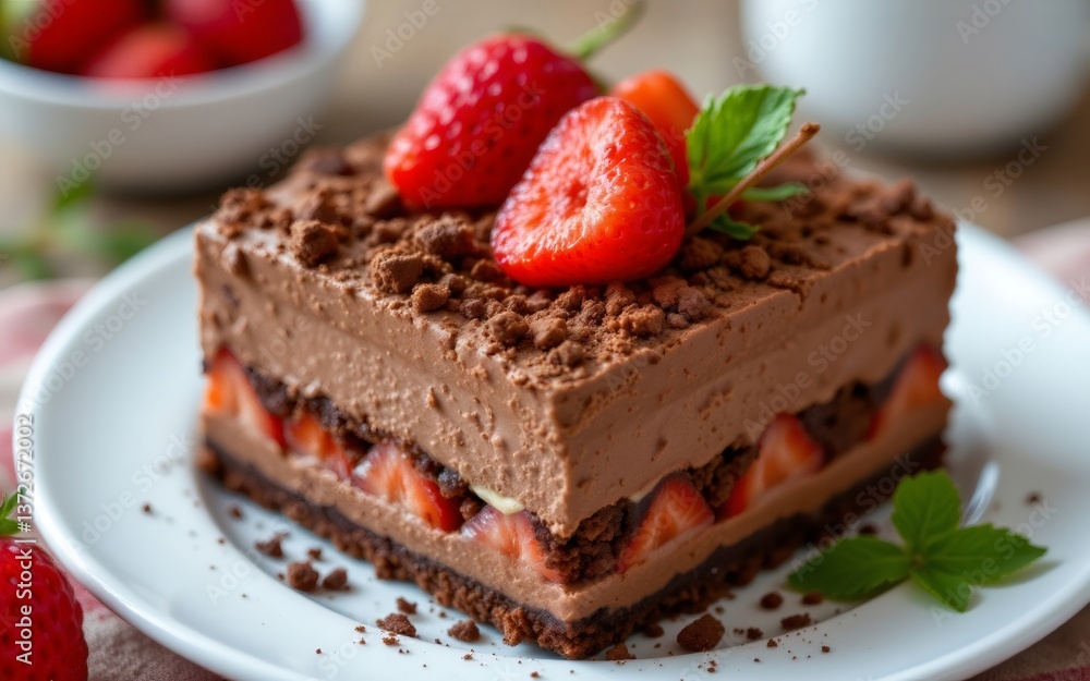 A rich chocolate dessert layered with strawberries and topped with fresh berries and mint leaves A rich chocolate dessert layered with strawberries and topped with fresh berries and mint leaves
