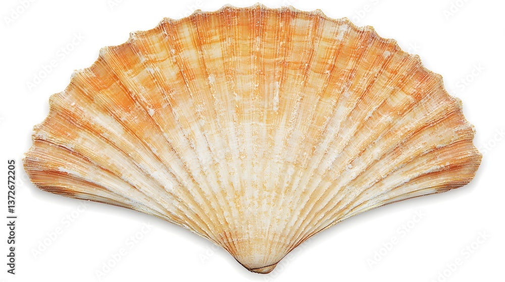 Beautiful Orange and Cream Scallop Seashell Isolated on White Background with Intricate Texture Beautiful Orange and Cream Scallop Seashell Isolated on White Background with Intricate Texture
