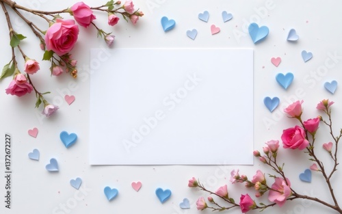 A blank card framed by pink and blue paper hearts alongside delicate flowers on a light background