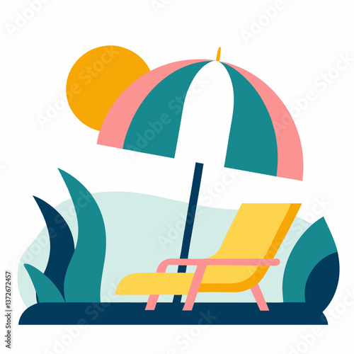 Sun lounger under an umbrella with a bright and cheerful atmosphere in a tropical setting
