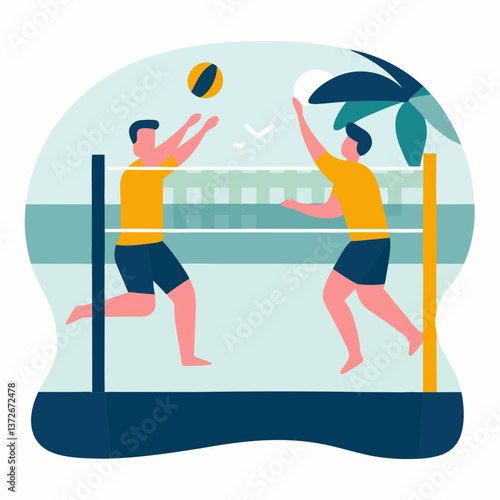 Two young men playing beach volleyball with an energetic mood in a sunny seaside setting
