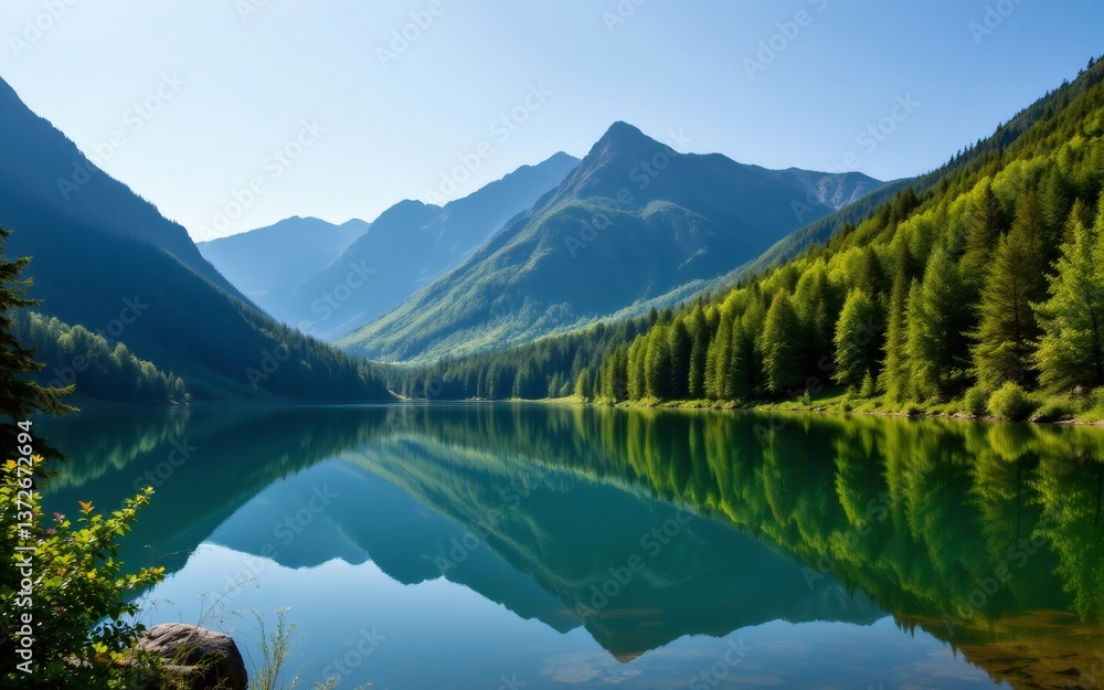 A serene mountain landscape reflecting in a tranquil lake, surrounded by lush greenery A serene mountain landscape reflecting in a tranquil lake, surrounded by lush greenery