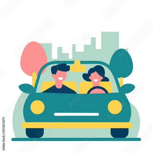 Happy couple driving a car with smiles in a vibrant urban setting