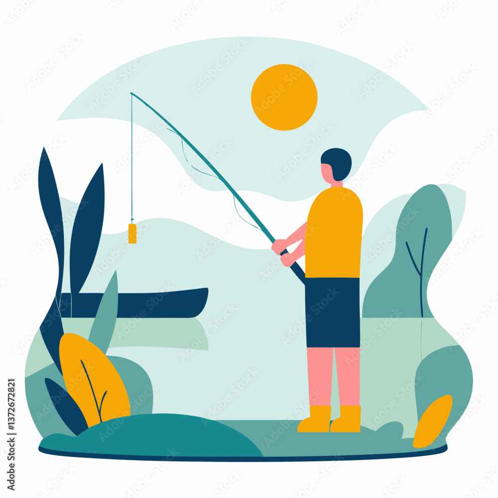 Fototapeta premium Man fishing by the lake under the sun with a peaceful atmosphere