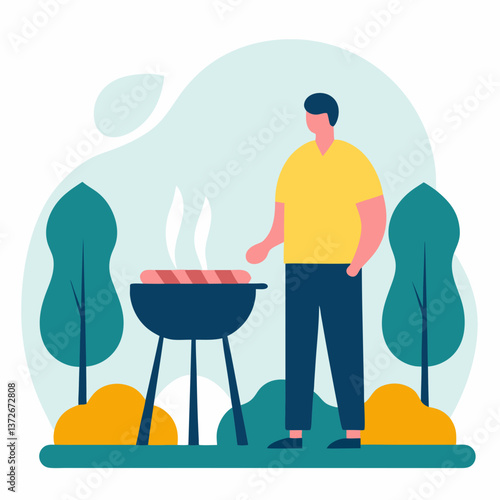 Man grilling sausages outdoors in a vibrant garden setting