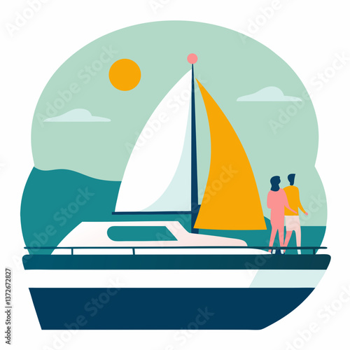 Couple enjoying a sailboat ride on a sunny day with a beautiful ocean view