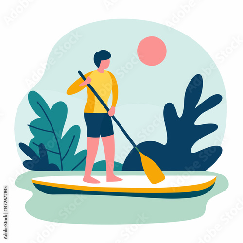 Man paddleboarding on calm water under the sun with a serene atmosphere
