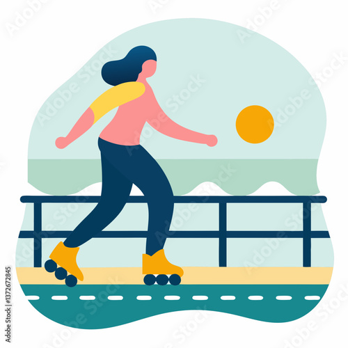 Woman rollerblading by the seaside under the sun in a vibrant outdoor setting
