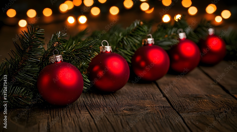 Beautiful Red Christmas Ornaments Lined with Green Pine Boughs and Soft Bokeh Background Lights Beautiful Red Christmas Ornaments Lined with Green Pine Boughs and Soft Bokeh Background Lights
