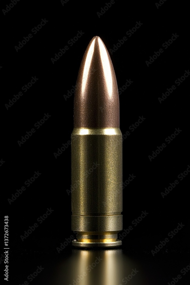 Ammunition: Metal bullet against a dark background, reflecting light in a vertical composition. Ammunition: Metal bullet against a dark background, reflecting light in a vertical composition.