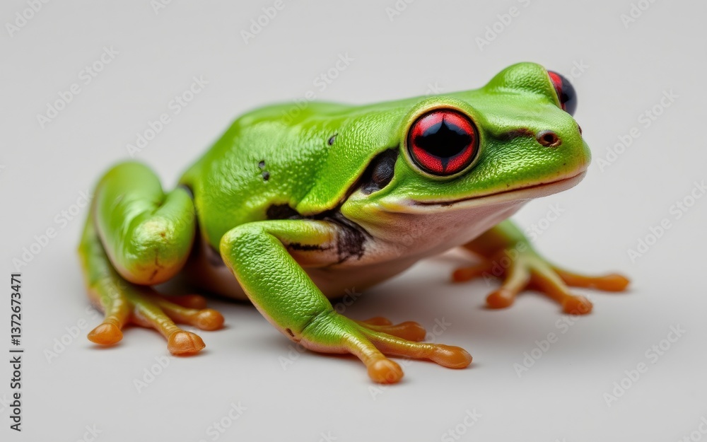 Obraz premium A vibrant green frog with striking red eyes and detailed skin texture, posed on a neutral background
