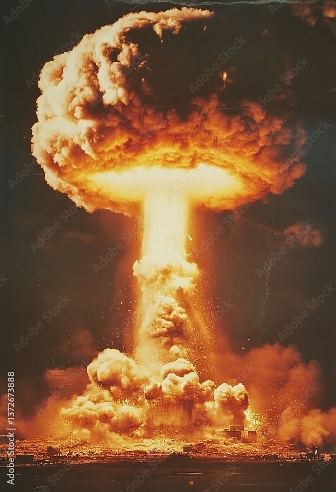 Obraz premium Explosive orange mushroom cloud rising above a cityscape, symbolizing destruction and intense power.