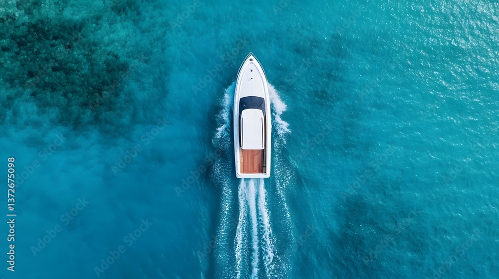 High-Speed Motorboat Gliding Through Vivid Blue Waters, Aerial Top-Down View of Thrilling Adventure High-Speed Motorboat Gliding Through Vivid Blue Waters, Aerial Top-Down View of Thrilling Adventure