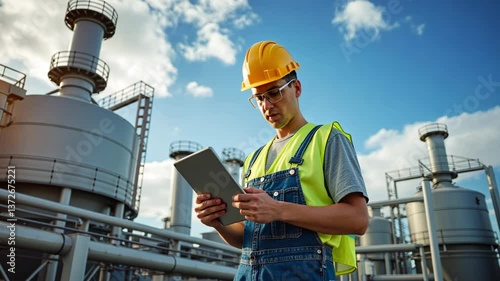Industrial worker in safety gear examining tablet in front of gas processing facility against blue sky