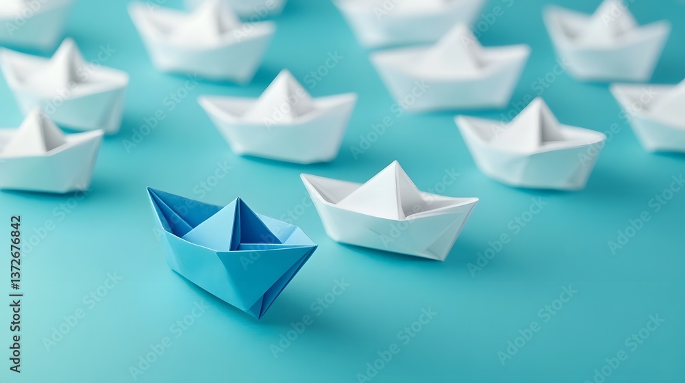 Blue Origami Paper Boat Leading a Fleet of White Boats, Symbolizing Innovation and Thinking Differently Blue Origami Paper Boat Leading a Fleet of White Boats, Symbolizing Innovation and Thinking Differently