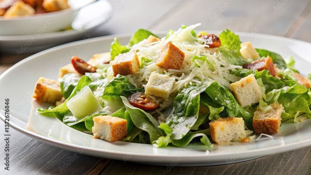 Caesar salad with parmesan cheese on a white plate, appetizer, restaurant, appetizer, restaurant, kitchen, healthy, dinner, bowl Caesar salad with parmesan cheese on a white plate, appetizer, restaurant, appetizer, restaurant, kitchen, healthy, dinner, bowl